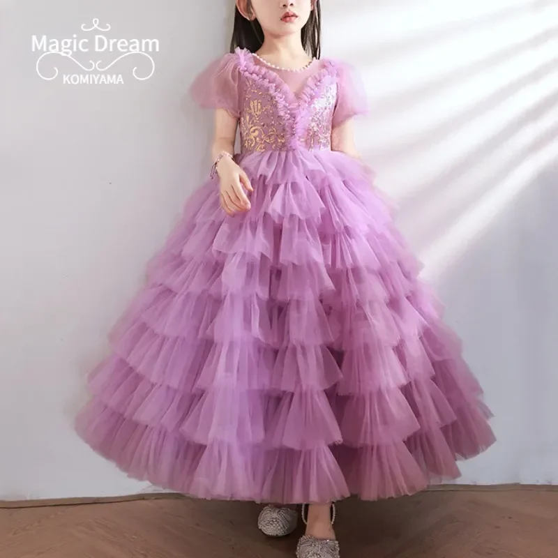 Customized Temperament Sequin Puff Sleeve Beading O-neck Birthday Party Dress Mesh Tiered Ball Gown Vestidos Princess Flower Gir