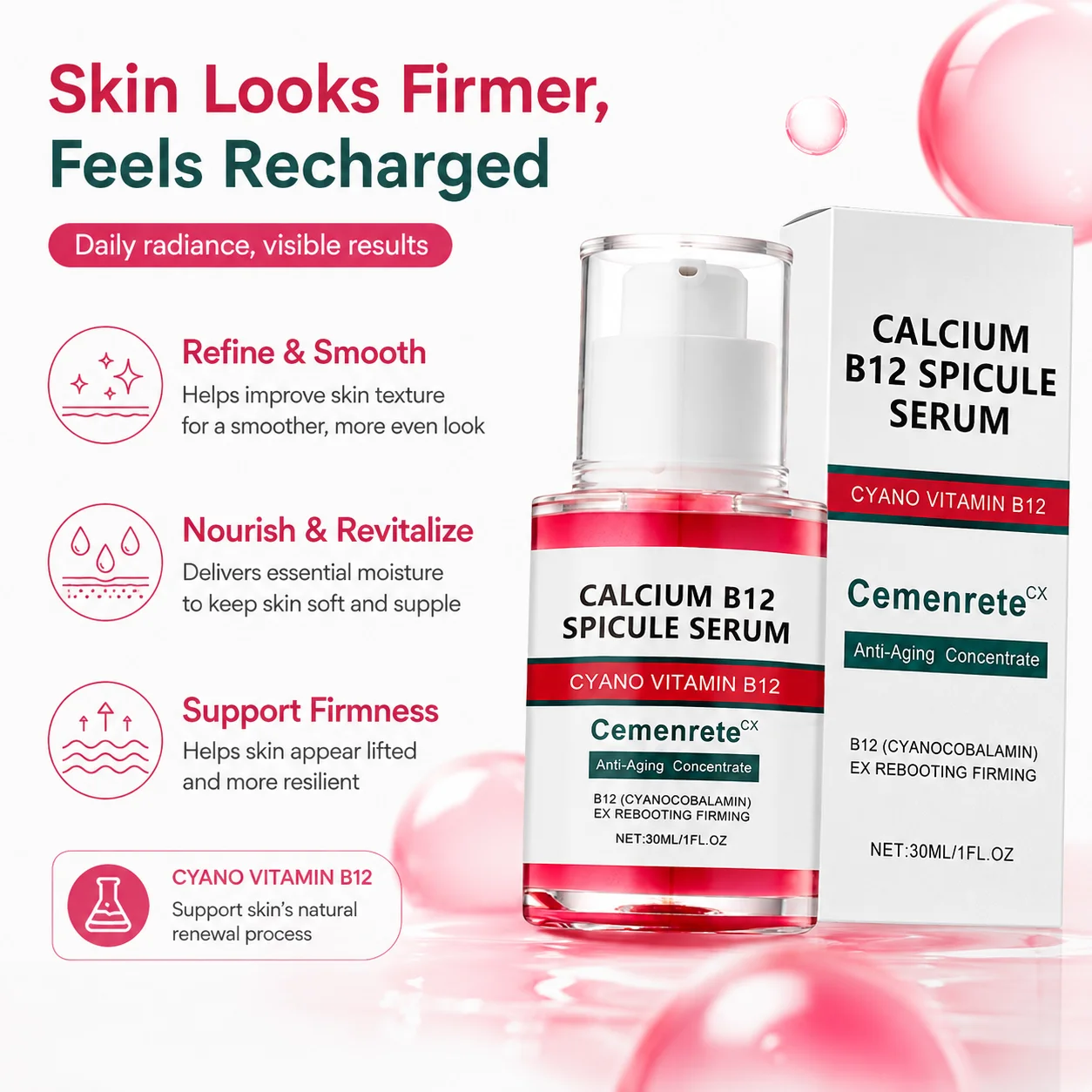 Calcium B12 Pink Spicule Anti Wrinkle Serum Shrink Enlarged Pores Refine Renewal Skin Texture Revitalizing Hydrating Face Serum