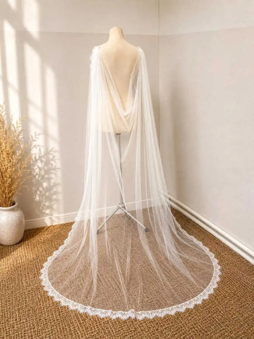 Minimalist Open Back Bridal Veils Delicate Scalloped Lace Border Plain Sheer Tulle Circular Long Train Wedding Banquet