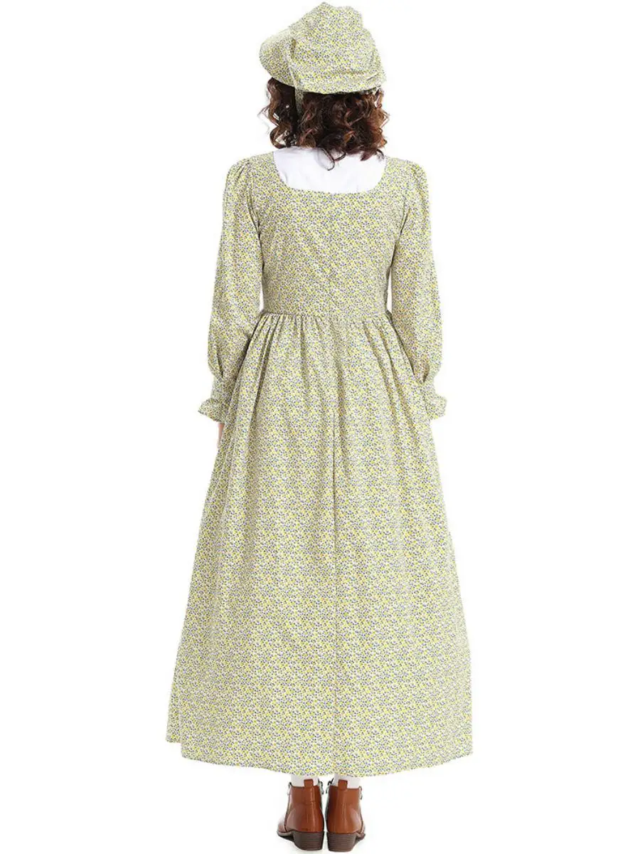 Nieuw Halloween-kostuum gele bloemenprint Dr. Schort Pionier Outfit Etnische kleding voor dames Toneelkostuum Polyester Materiaal