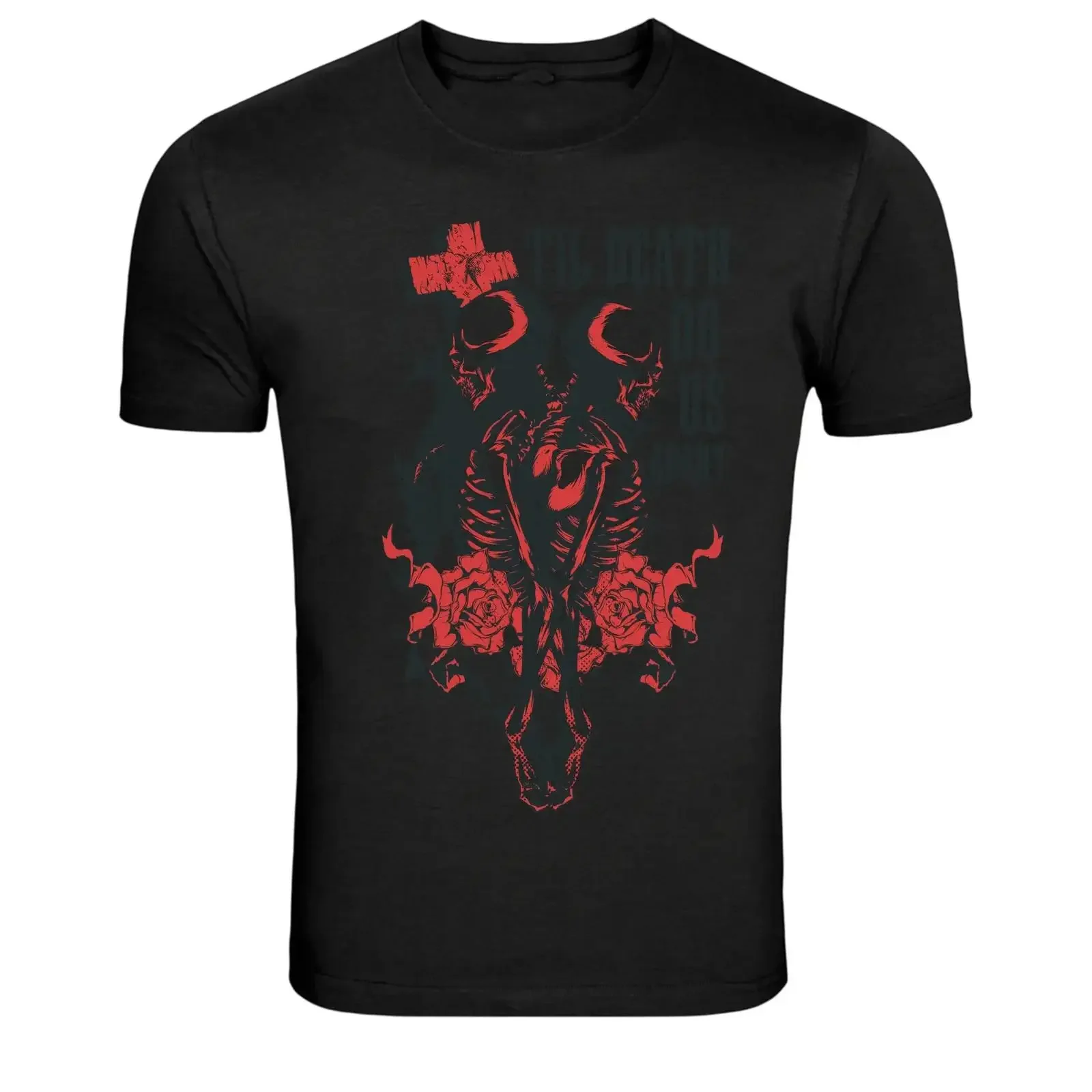 Dunkles Skelett Kreuz Rosen Gothic Horror Kunst T-Shirt Vintage Gewaschen Herren Dehnbar Grafik Stylisch Lässig Atmungsaktiv