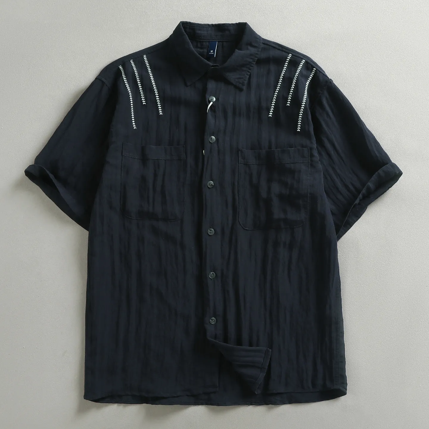 Vintage Shoulder Stitch Embroidery Short Sleeve Shirt Men Amekaji Double Pocket Lapel Button Down Casual Cotton Work Shirts
