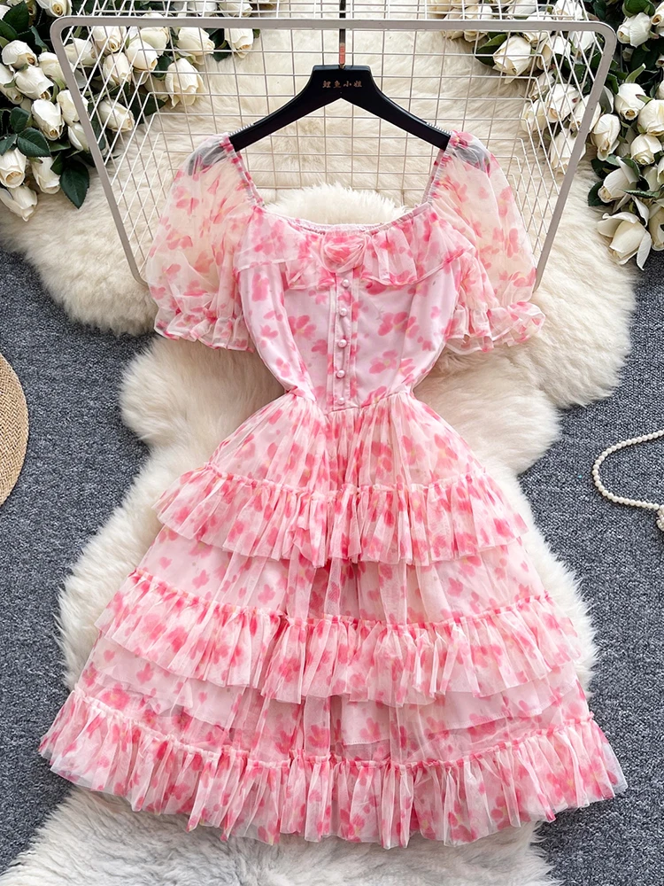 

Summer Women's One-piece Neck Bubble Sleeve Mini Dress New Fashionable Sweet Birthday Party Mesh Cake Short Dress L02