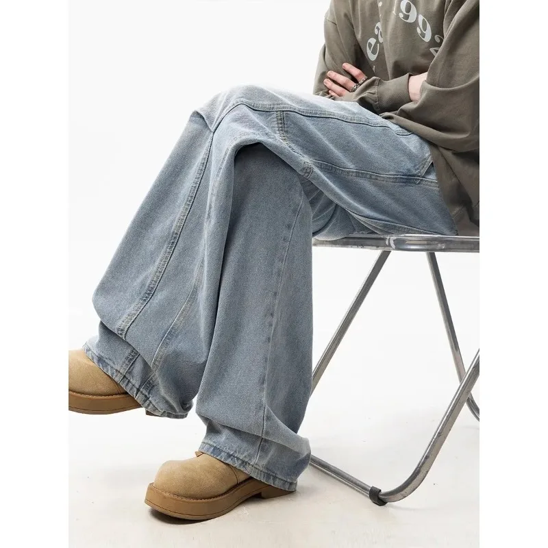 American Retro Deconstructed Design Wide Leg Straight Cut Jeans Men's 2026 Spring Autumn New Style Casual Loose Fit Trousers