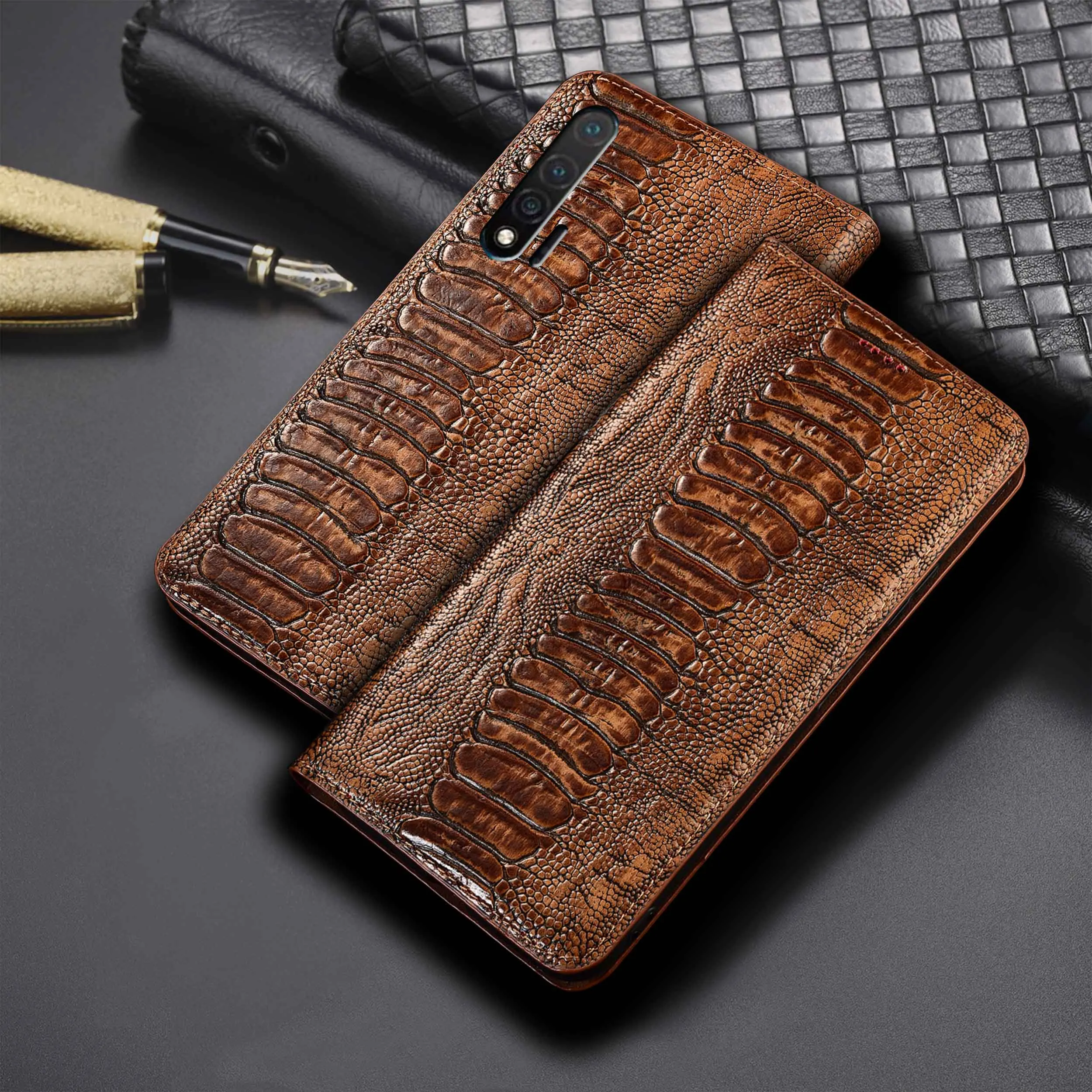 

For Huawei Nova 2 3 3i 4 4e 5 5i 6 Pro Plus SE Ostrich Feet Pattern Of Genuine Leather Flip Phone Case Cover Cowhide And No Slip