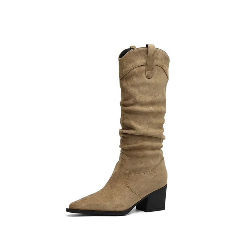 

Pleated Women's Calf Boots Khaki Suede Wrinkle Western Booties Point Toe Slip-on High Heel Lady Shoes 2025 Phoentin FT4240