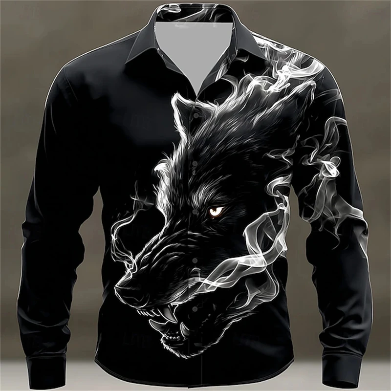 

Новая осенняя мужская рубашка с длинными рукавами и принтом волка, повседневная мужская дышащая рубашка с лацканами, модная одежда в уличном стиле
