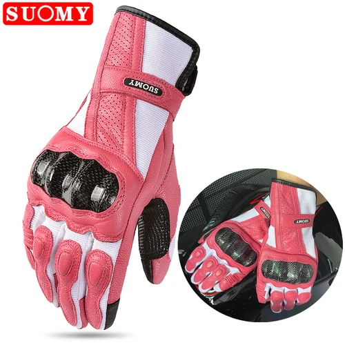 Suomy-guantes de moto de cuero de cabra para mujer, protectores de dedo completo para carreras de Motocross, Scooter, bicicleta y ciclismo, color rosa
