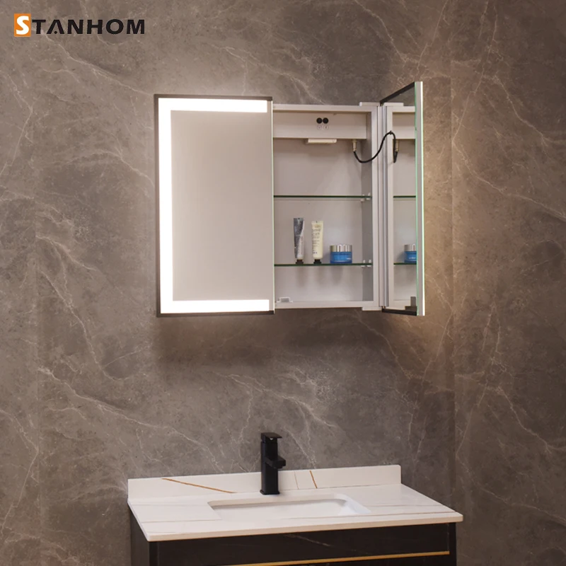 CE UKCA RoHS Modern Bathroom Vanity LED Mirror Cabinet Aluminum Framed Wall Mounted Lighted Mirror Medicine Cabinet view 3
