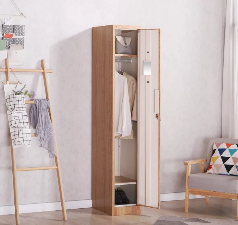 Wholesale custom printing wood color 1 door metal wardrobe with lock home furnishing staff change clothes