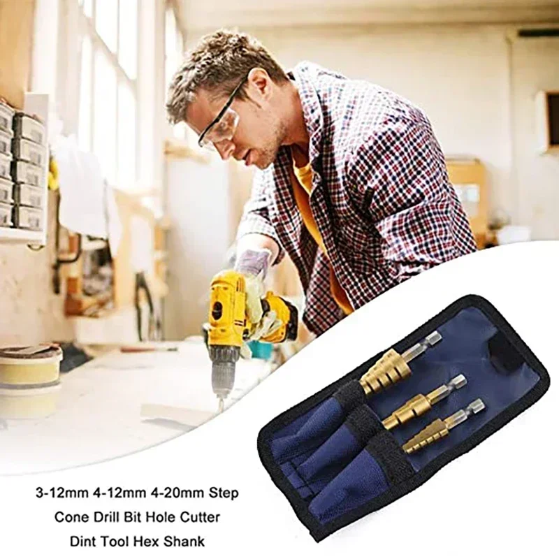 3Pcs/set 3-12mm 4-12mm 4-20mm HSS Straight Groove Step Drill Bit Titanium Coated Wood Metal Hole Cutter Core Drilling Tools Set