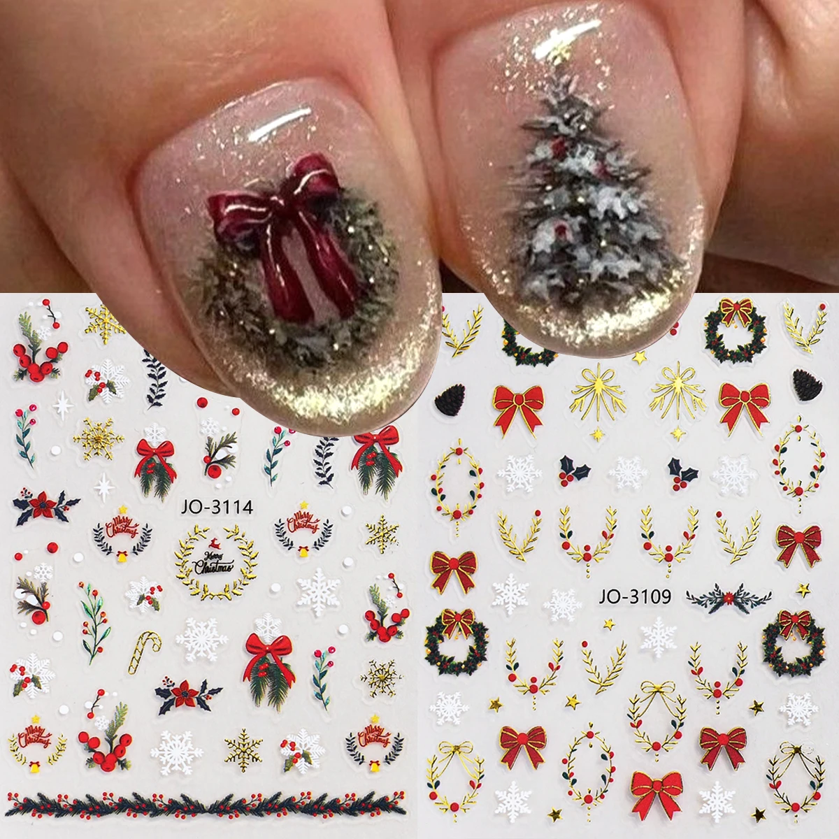 Christmas nail art stickers featuring shiny gold and silver snowflake, bow, and bell designs; self-adhesive plastic nail decals.