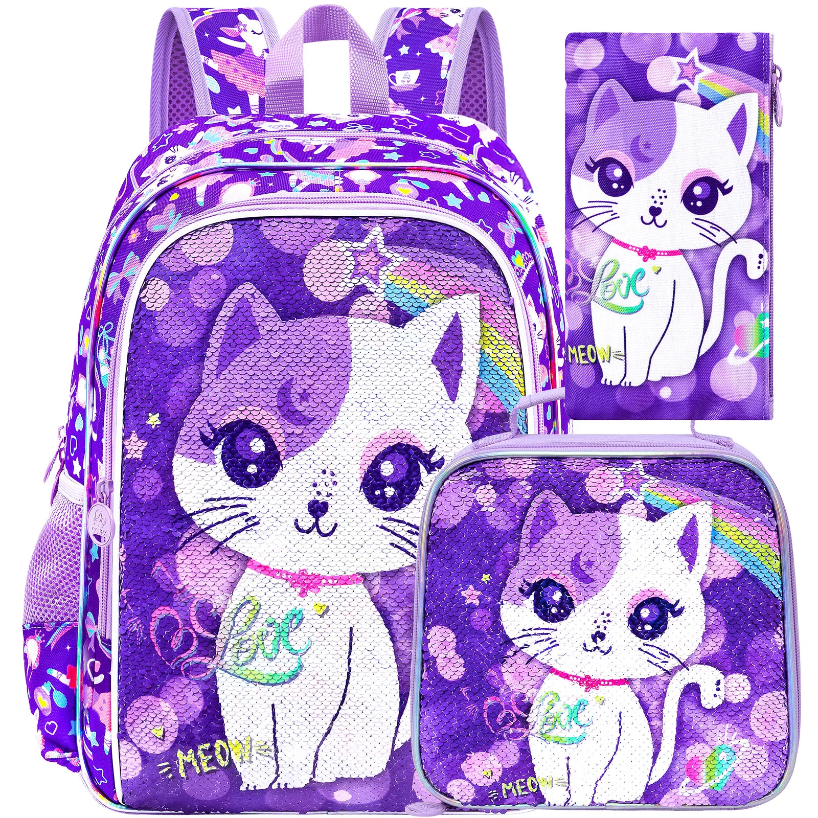 

Рюкзак с изображением кота из 3 предметов для девочек, детская сумка для книг с блестками 16 дюймов и коробка для завтрака, рюкзаки для дошкольников для начальной школы.