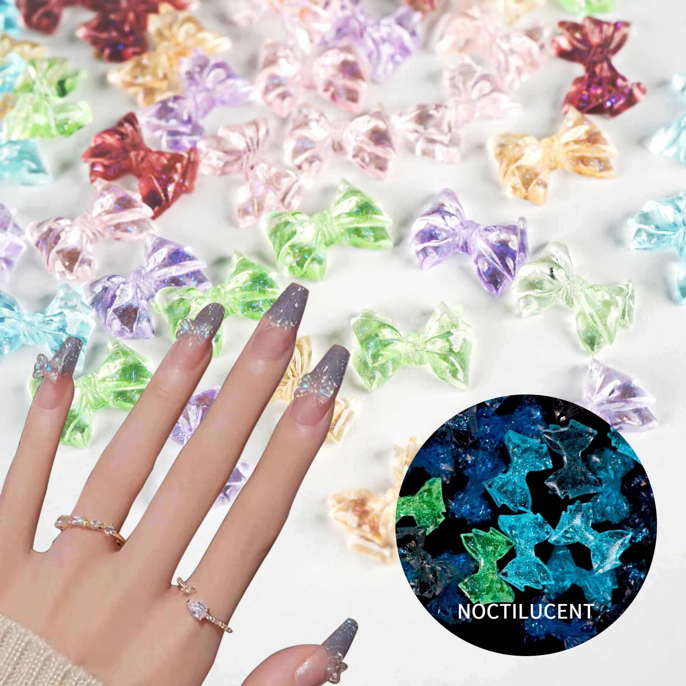 50pcs  Color Luminous Glitter Nail Ribbon Bows Diy Manicure Bowknot 3D Nail Art Decoration Summer Nail Charms Jelly