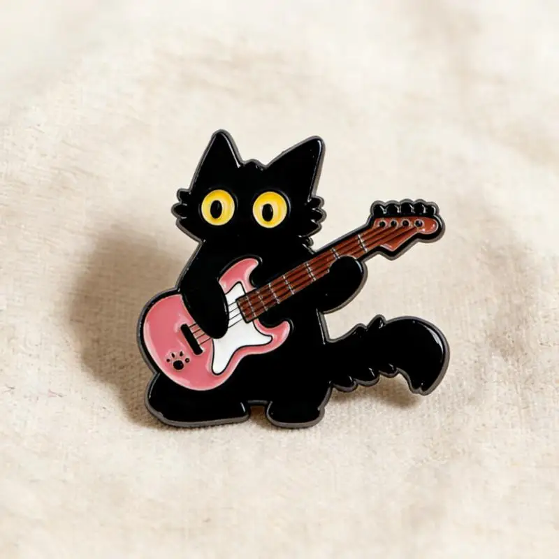 Kawaii Black Cat Enamel Pin Rock Guitar Music Brooch Badge Rust Resistant Cute Lapel Pins for Jacket Backpack School Bag Gift f