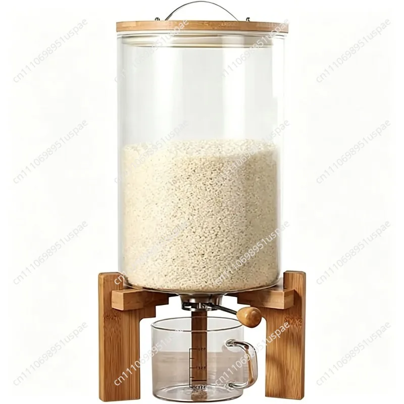 Airtight Rice Dispenser 5L/7.5L with Wood Base Glass Grain Storage Container And Measuring Cup for Kitchen