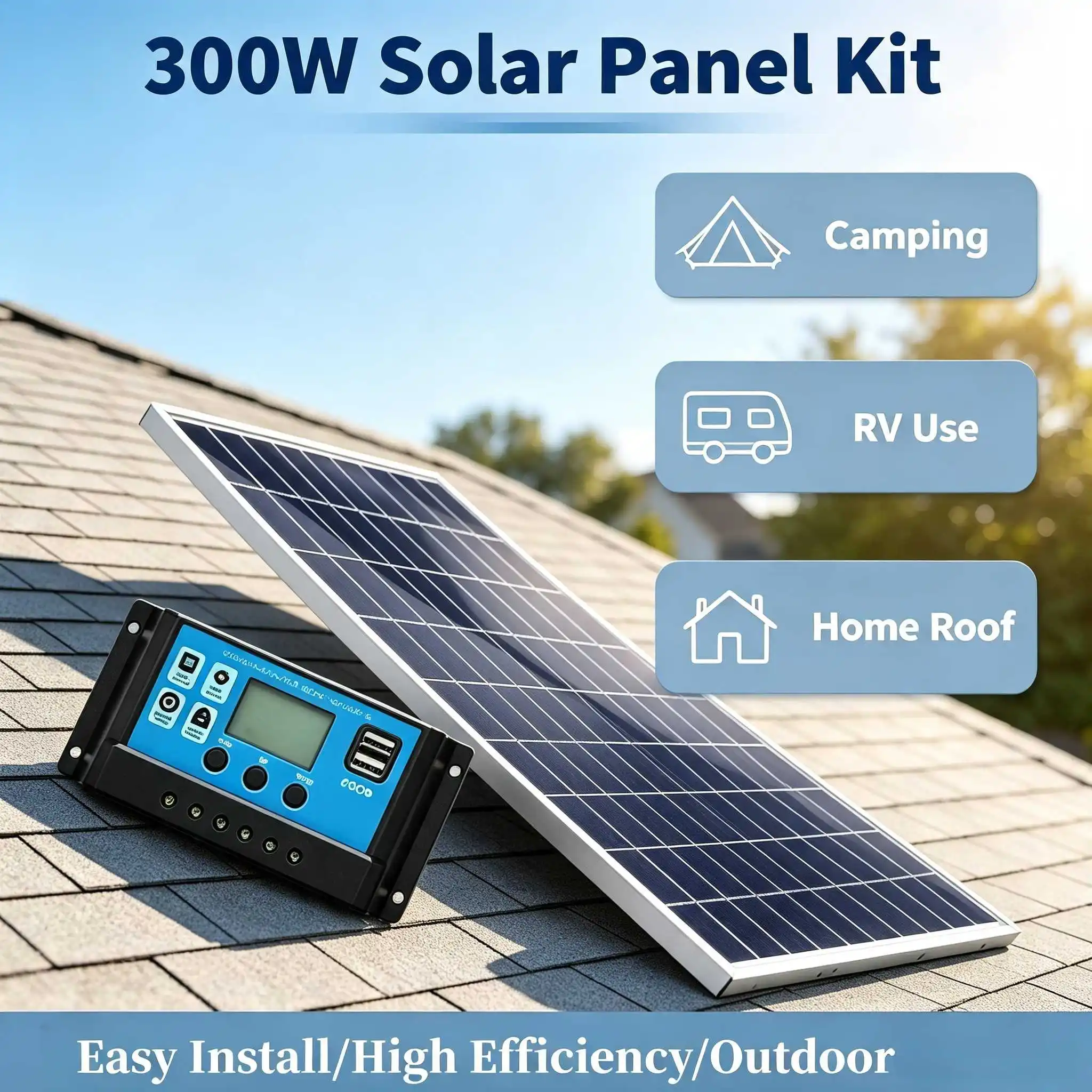 300W Solar Panel Kit 12V Solar Charge Controller Dual USB RV Boat Home Outdoor Off Grid Solar Power System