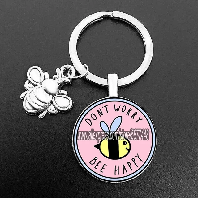 Cute Animal Bee Be Happy Glass Cabochon Keychain Key Chain Encourage Keychain Key Ring Women Men Pendant Gifts