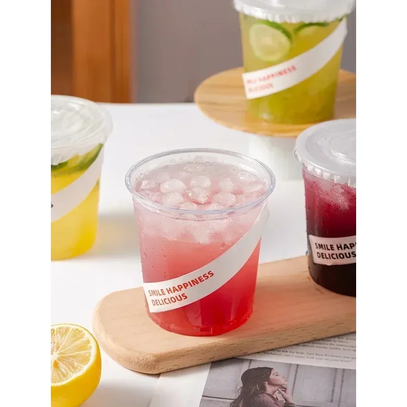 

TOPLIVING 100pcs Cartoon Stickers Disposable Short and Fat Coffee Cups Cold Drink Milk Tea Transparent Plastic Leak Proof Juice