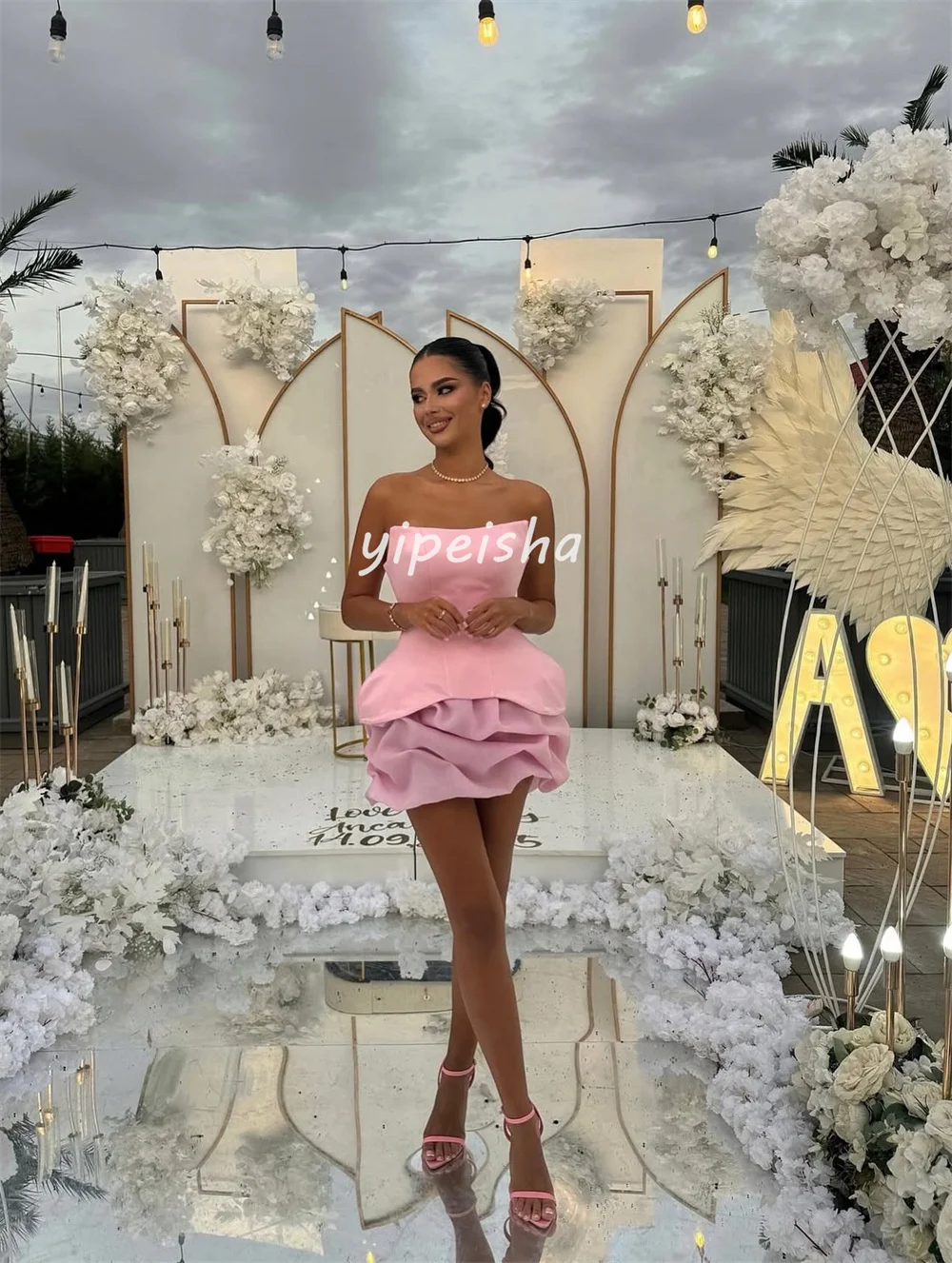 Customized Sexy Sizes Available Jersey Pleat Ruched A-line Strapless Short Dresses Bespoke Occasion Dresses High Quality Formal