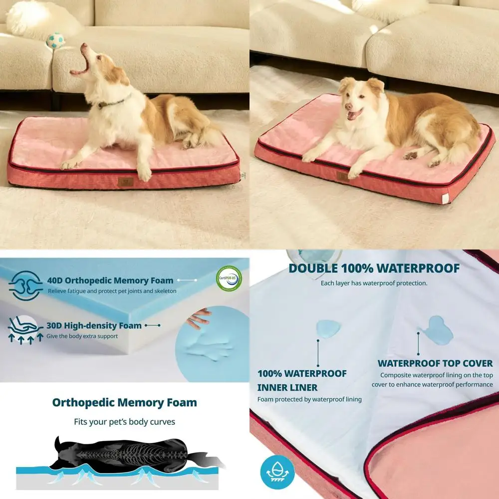 

Очень большая ортопедическая кровать для собак — 4 толстых пены с эффектом памяти, водонепроницаемый и съемный чехол, розовый