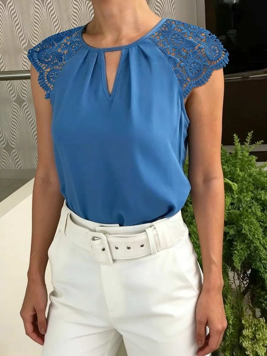 Women's Tank Top Spring Summer Royal Blue Lace Trim Keyhole Neck Sleeveless Blouse Valentine's Day Elegant Casual Office Top