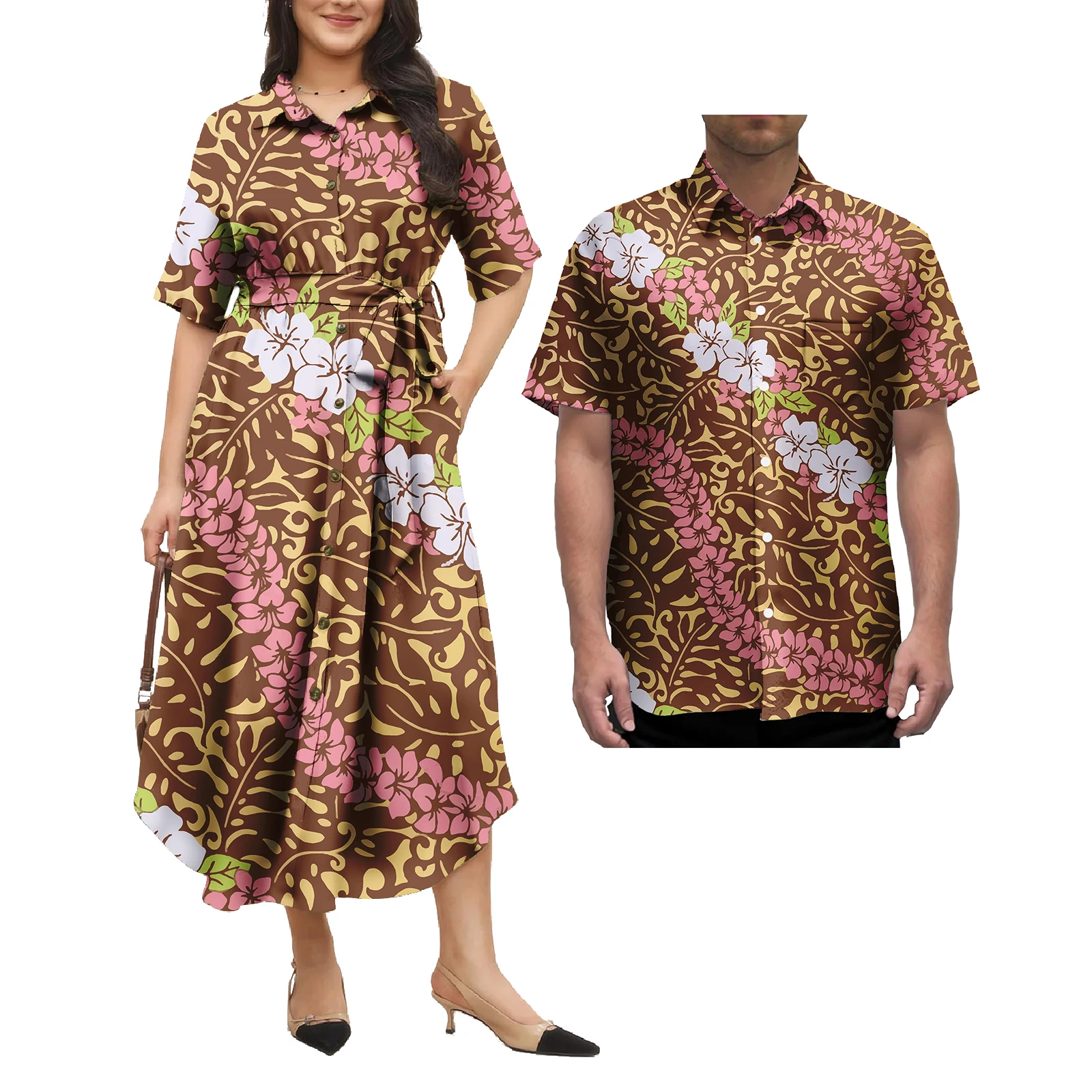 Tapa Polynesian Tribal Design Strandkleid Passende Herren Hawaiihemden Traditionelle Kleidung Langes Kleid Paarkleidung 2tlg