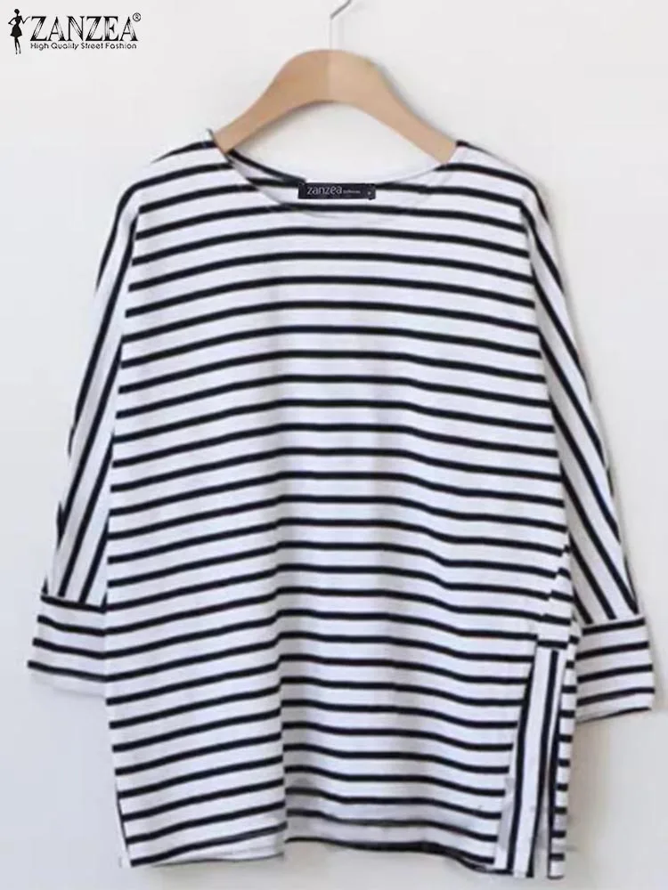 ZANZEA Women Casual Stripes Blouse Korean Loose 3/4 Sleeve Tops Shirt 2024 Fashion Round Neck Tunics Harajuku Split Hem Blusas