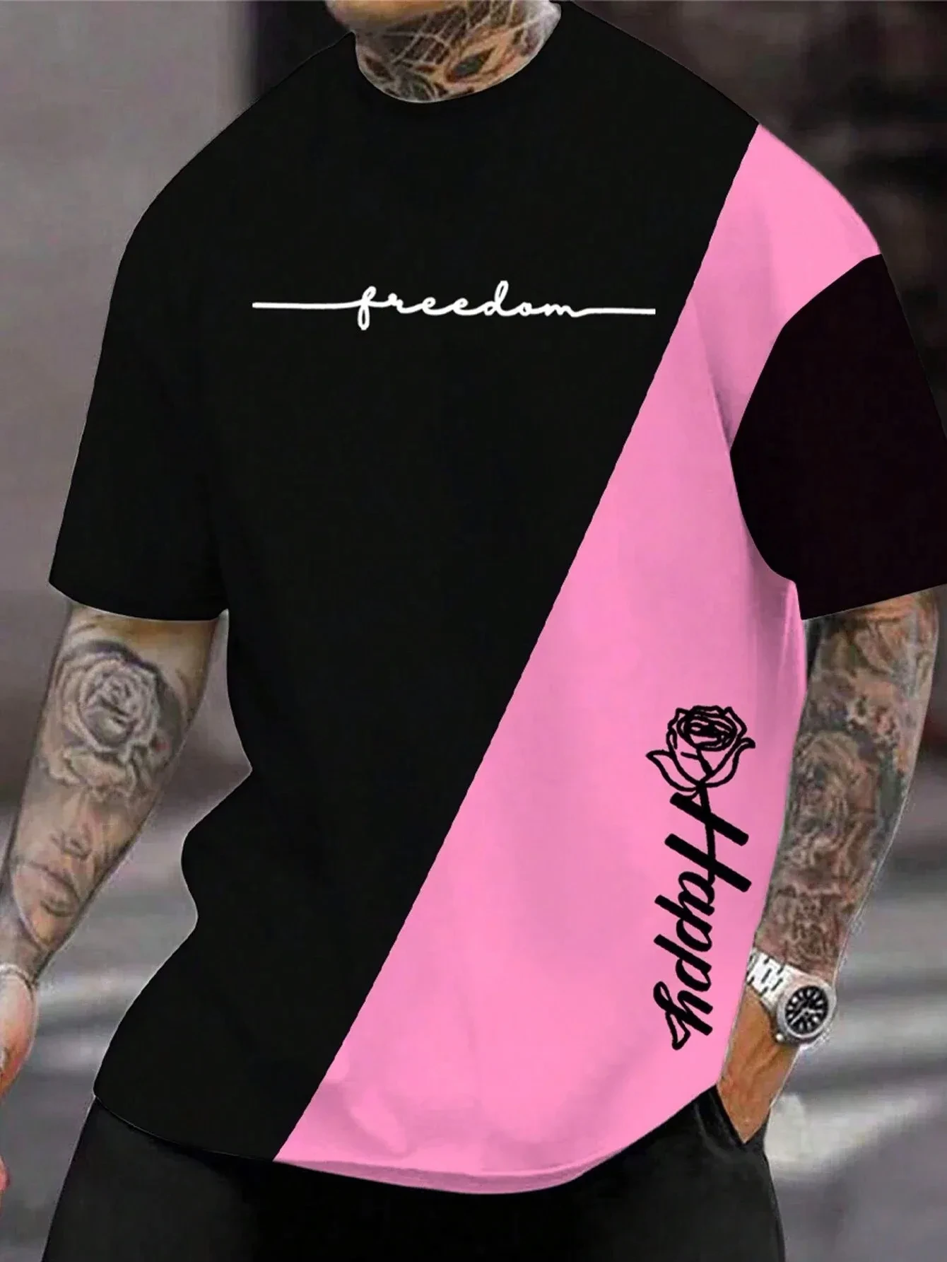 Summer New Men\'s Shirt Fashion Letter Rose 3D Print Harajuku O-neck Top T-shirt Extra Large Casual Street Trend Short Sleeve