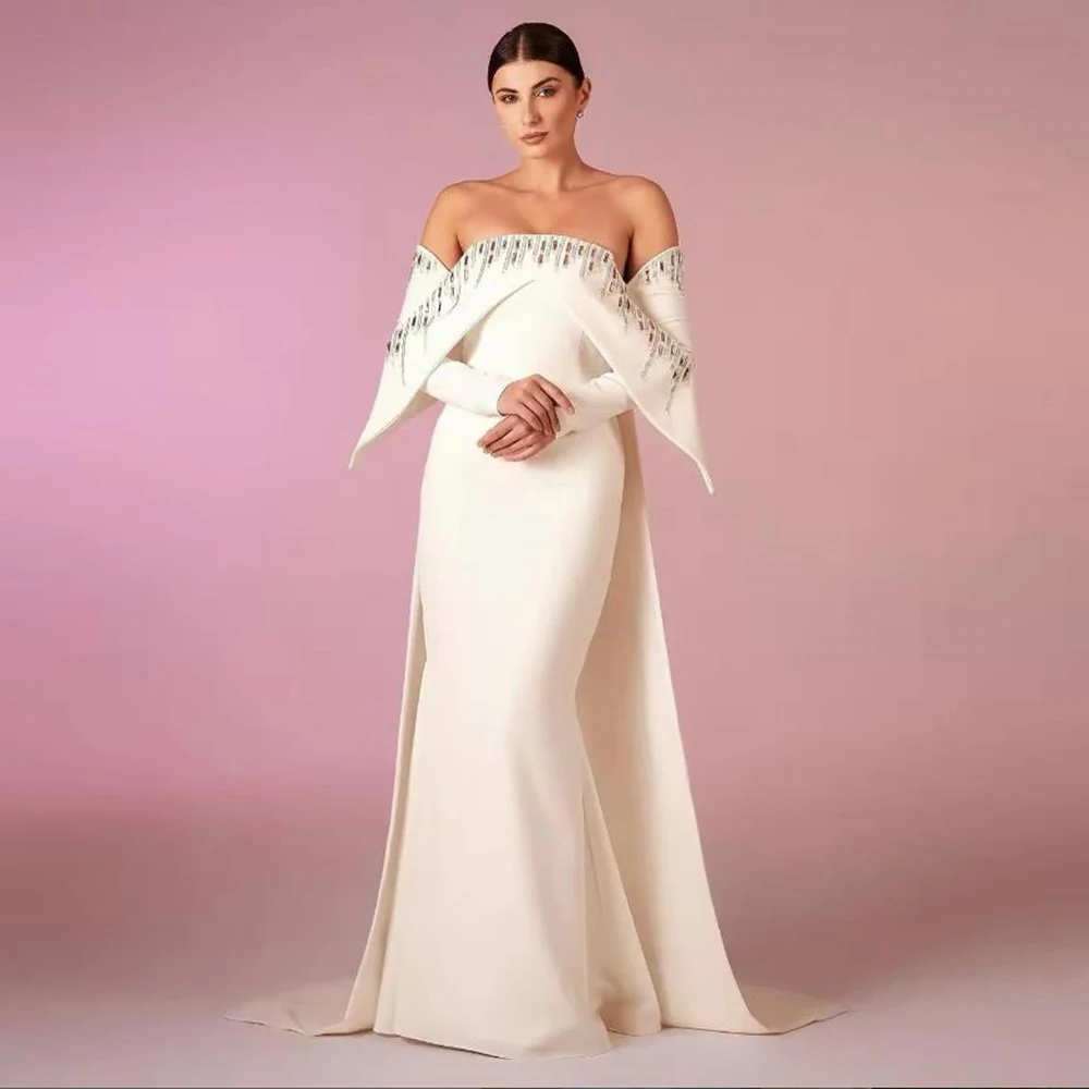 

Customized Sexy White Strapless Jersey Mermaid Evening Dress Crystal Backless Sequined With Sweep Train Formal Prom Gown Elegant