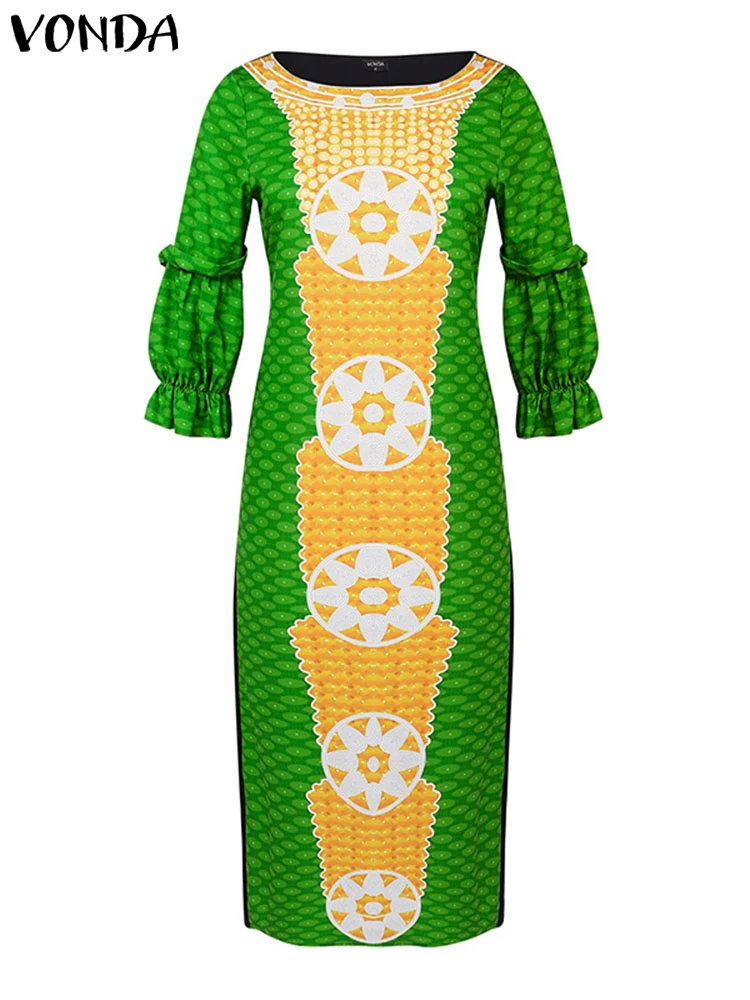 PLUS ขนาด 5XL VONDA VINTAGE Floral พิมพ์ Maxi ชุดผู้หญิงฤดูร้อนพรรค Vestidos 2025 รอบคอพัฟแขน Casual Robe