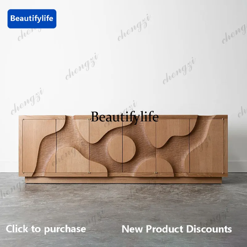 Medieval solid wood carved side cabinet, retro light luxury household entrance cabinet, special-shaped design, storage cabinet