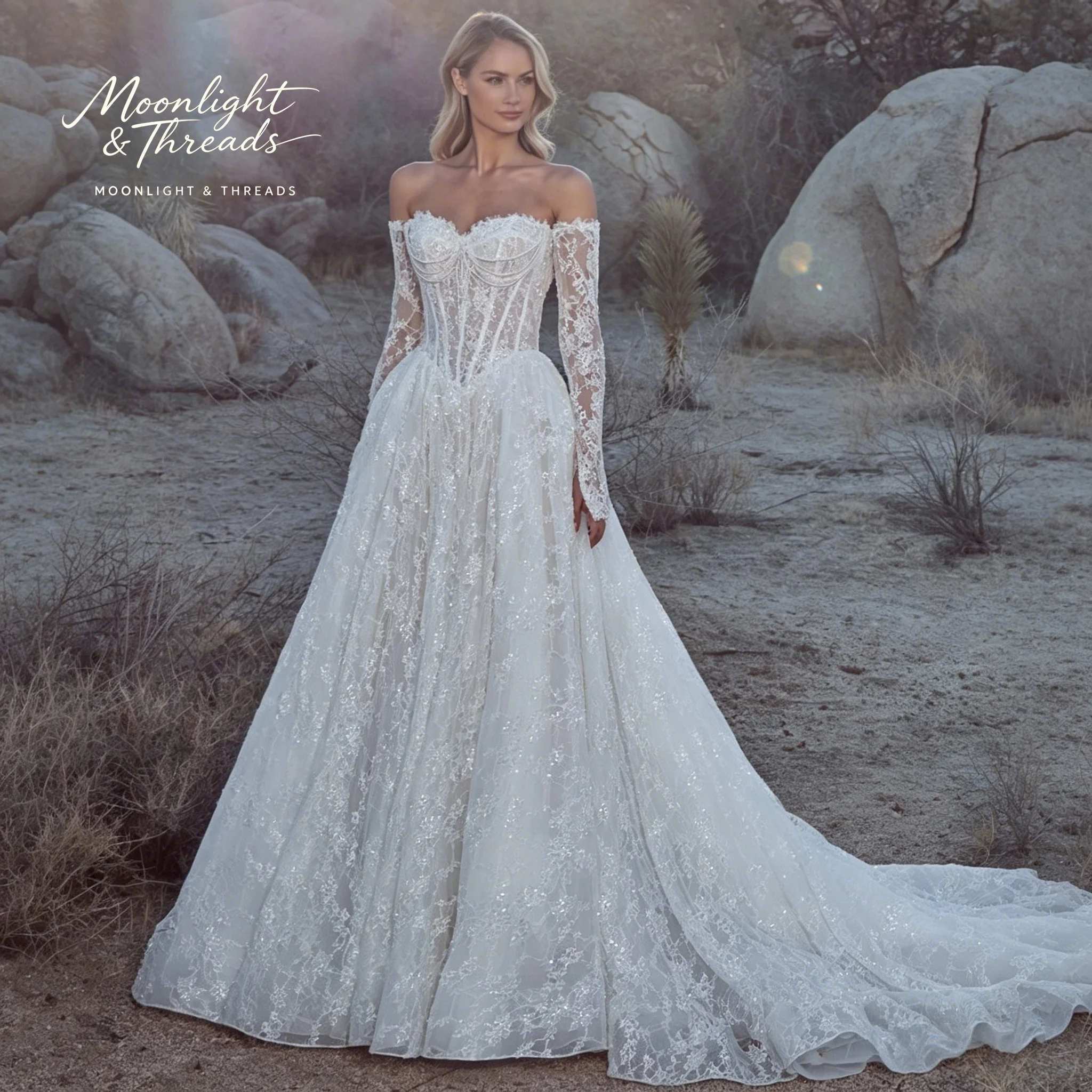 White Lace Strapless Off-Shoulder Long Sleeve Floor-Length Formal Wedding Ball Gown with Boning and Beaded Design