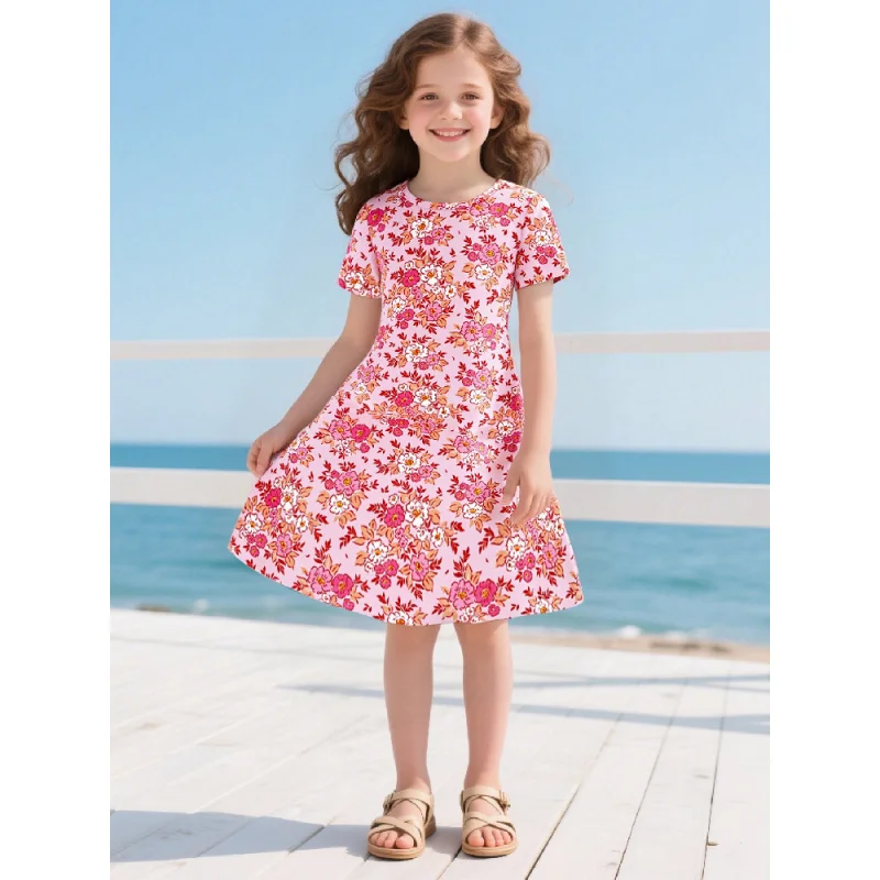 

2025 New Girls Short-sleeved Floral Dress, Pink Fresh Floral Print, Children's Summer Sweet Girl Beach Vacation Princess Dress