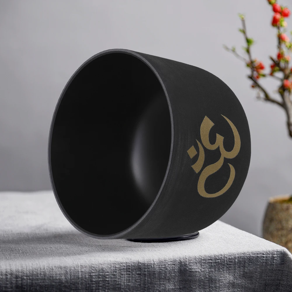 CVNC-Crystal Singing Bowl with Free Rubber Mallet, 8 Inch Om Symbol, Black Fusion, 440Hz or 432Hz, Sound Healing