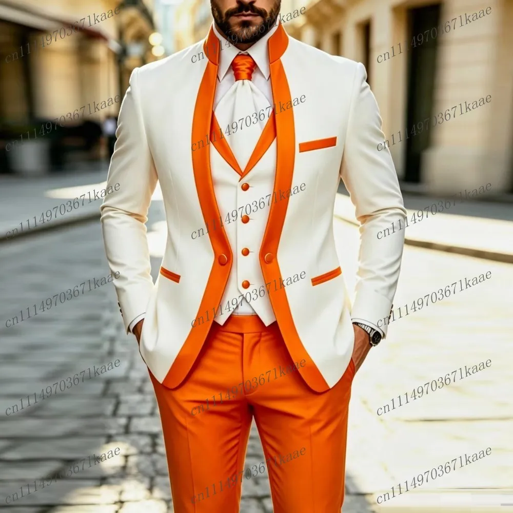 Traje formal de hombre, blanco y naranja, ideal para bodas y fiestas, para el novio o los padrinos, conjunto de tres piezas: chaqueta, chaleco y pantalones, modelo B6.