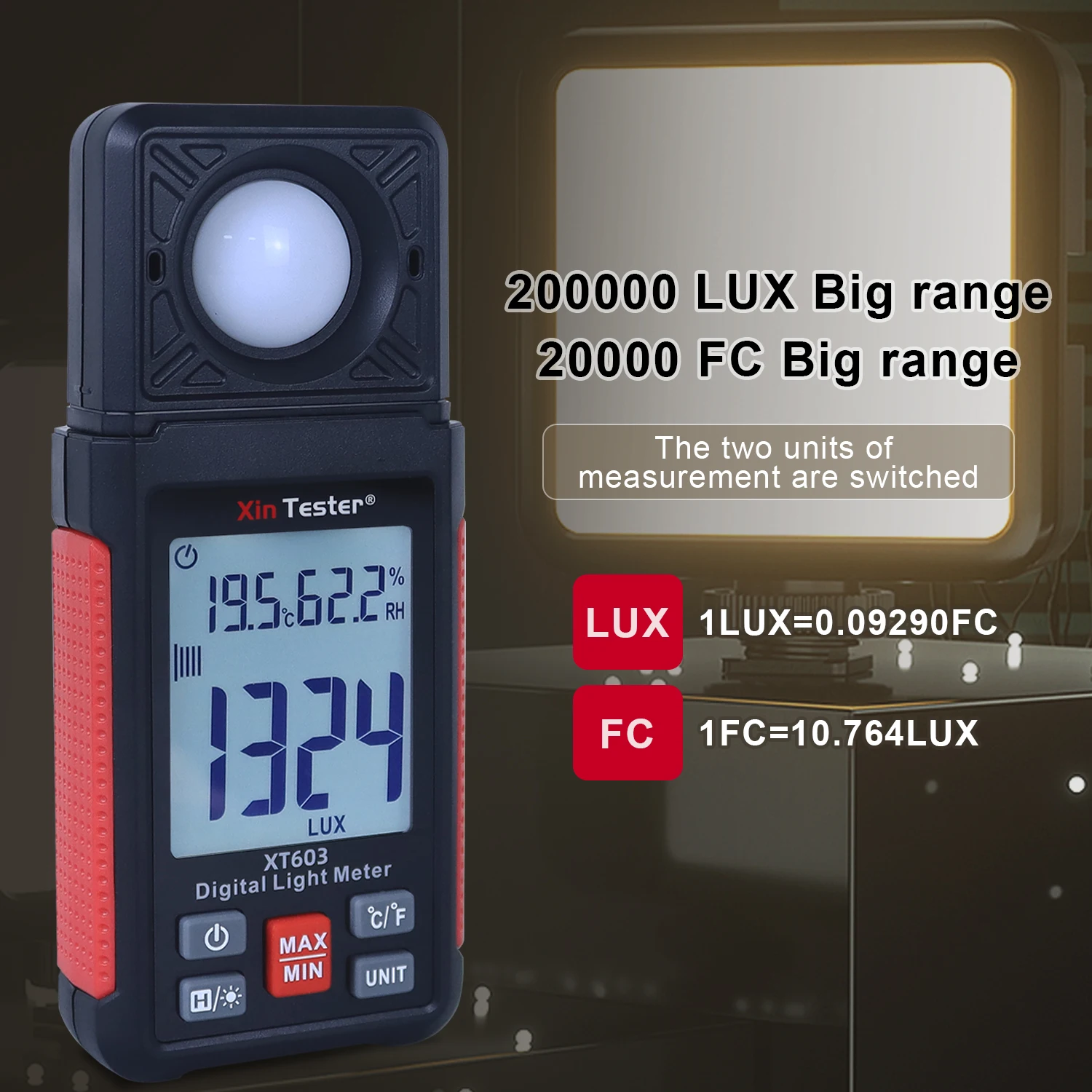 Xin Tester เครื่องวัดแสงลักซ์/เอฟซีเครื่องวัดความสว่าง200,000ดิจิตอลเครื่องมือ Spectrometer พร้อม XT603เครื่องวัดอุณหภูมิความชื้น
