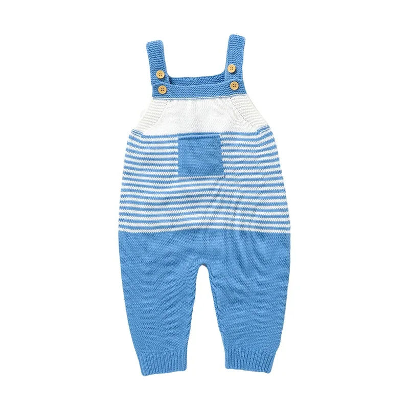 Baby Striped Sweaters Romper Overalls Button-up Sleeveless Square Neck Ribbed Knitted Jumpsuit