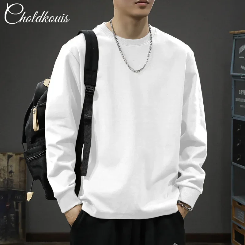 Long Sleeve Cotton Inner Fleece-lined Base Layer Men's T-shirt Black Round Neck Top For Men Autumn Winter