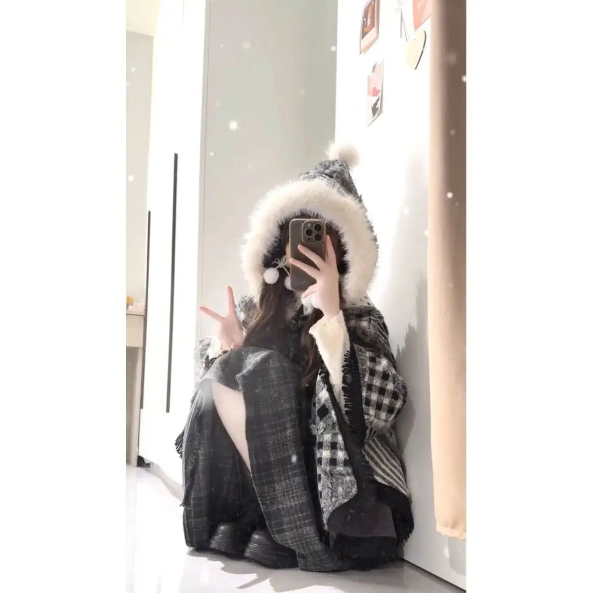 

Black and White Plaid Cape Coat Loose Fringed Hooded Plush Shawl Thick Coat Women Spring and Autumn