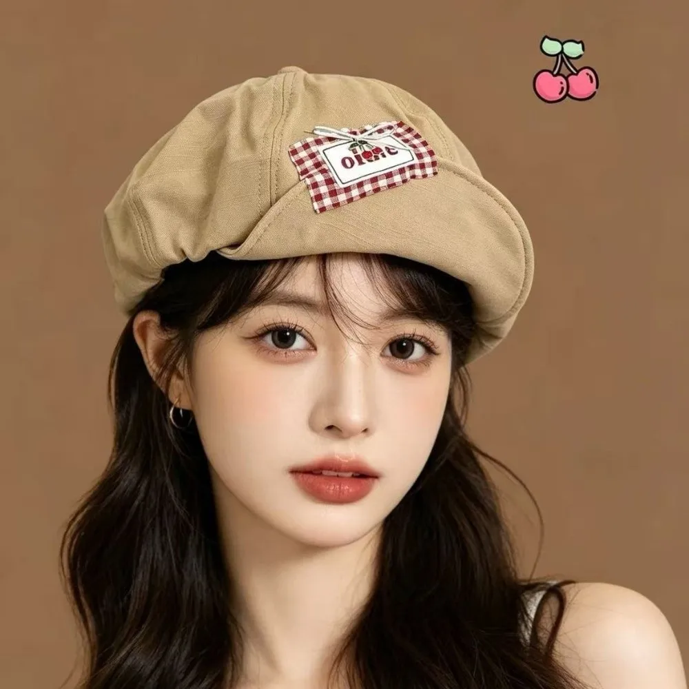 Japanese Retro Style Cherry Patch Beret Literary Style Cherry Patch Cuffed Beret Hat Cuffed Brim Cloud Silhouette