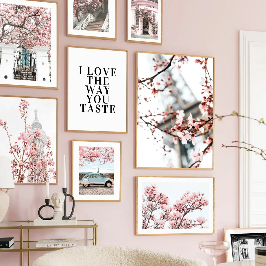 Paris City Pink Peach Blossom Vintage Car Bike Poster und Drucke auf Leinwand, Gemälde, Wandkunst, Bilder, Wohnzimmerdekoration