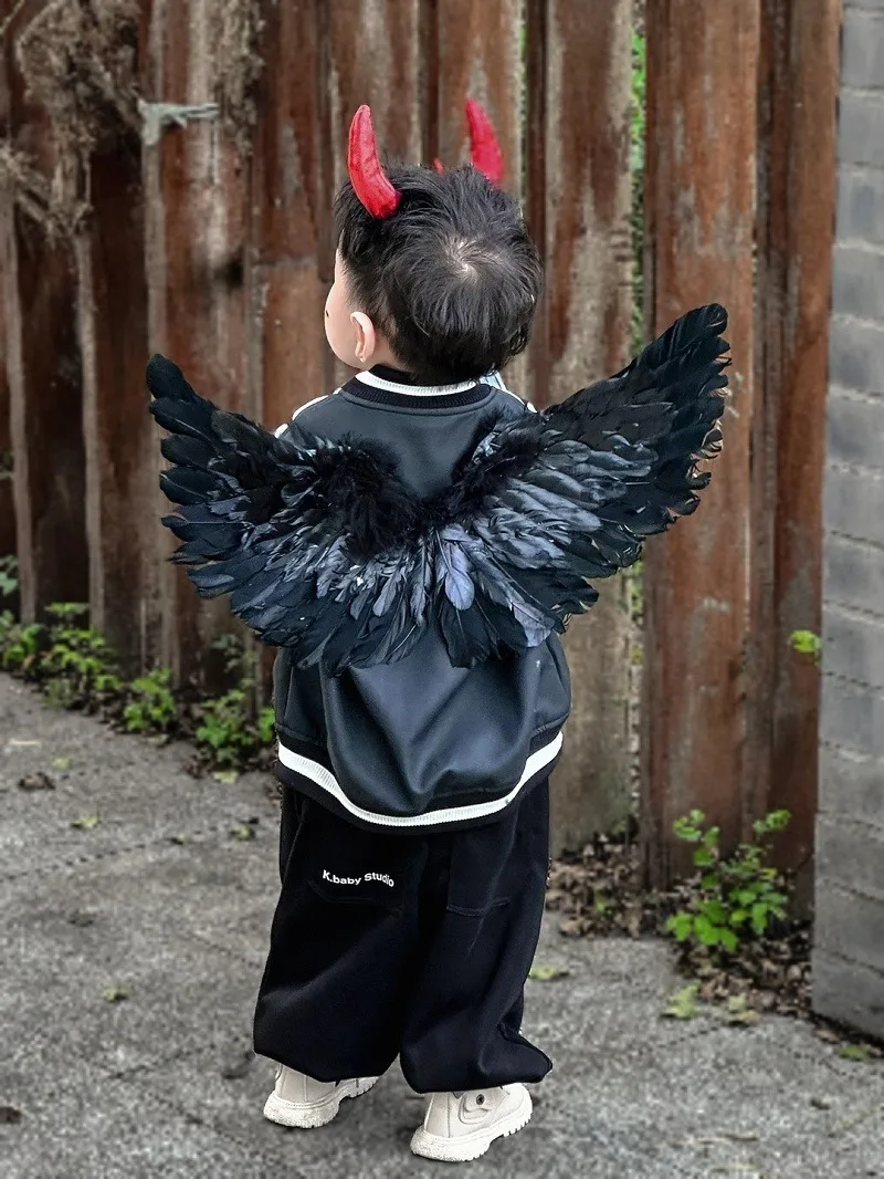 Devil Costume for Kids 4pcs Accessories Set Red Horns Headband Balck Angle Wing Elf Ears Cosplay Dress Up Kit for Boys Girls