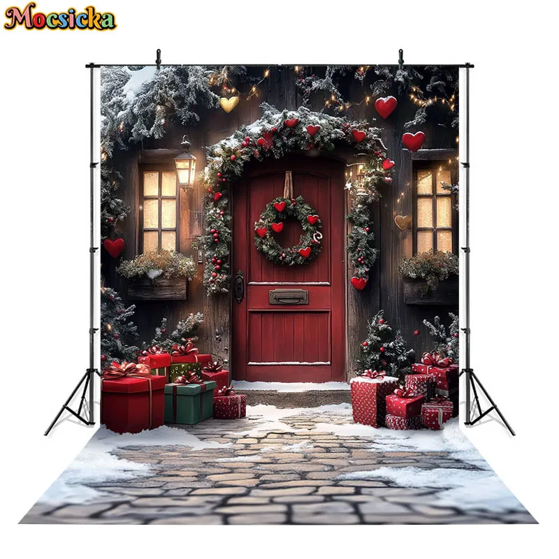Mocsicka-クリスマスの背景写真,ドアリース,雪の贈り物,クリスマスツリーの装飾,赤ちゃんの写真,写真スタジオのアクセサリー