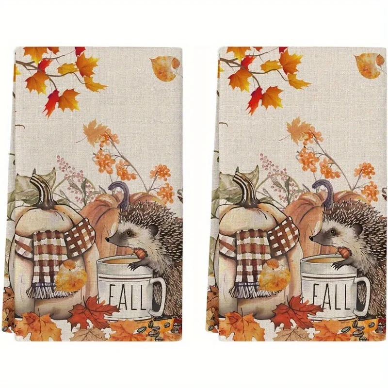 

Fall Hedgehog Pumpkins Kitchen Dish Towels Cleaning Cloths Autumn Absorbent Bathroom Towel Hand Towel Baking Cooking Cloth Decor