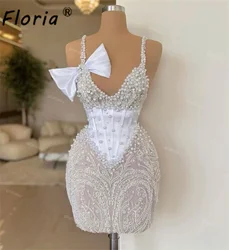 Pearls Lace White Sleeveless Short Cocktail Dress Pretty Bow V Neck vestidos de fiesta elegantes para mujer Prom Party Dresses