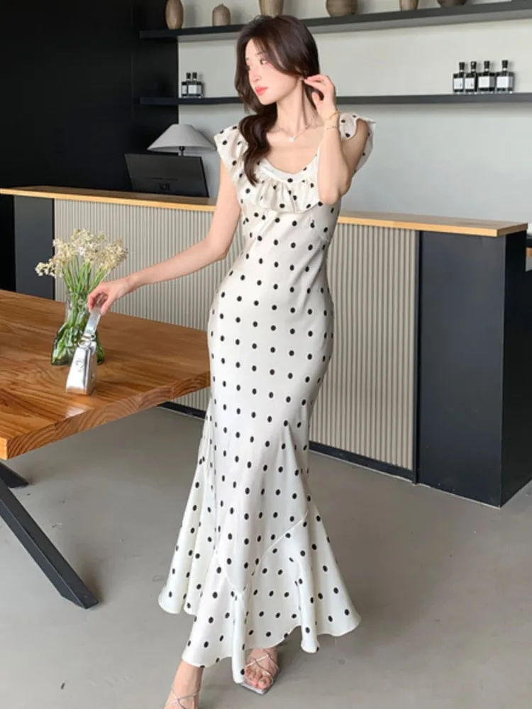 

Summer Dot Ruffles Evening Dresses Elegant Sleeveless Bodycon Mermaid Party Long Dress Korean Slim Waist Vestidos New Outfits