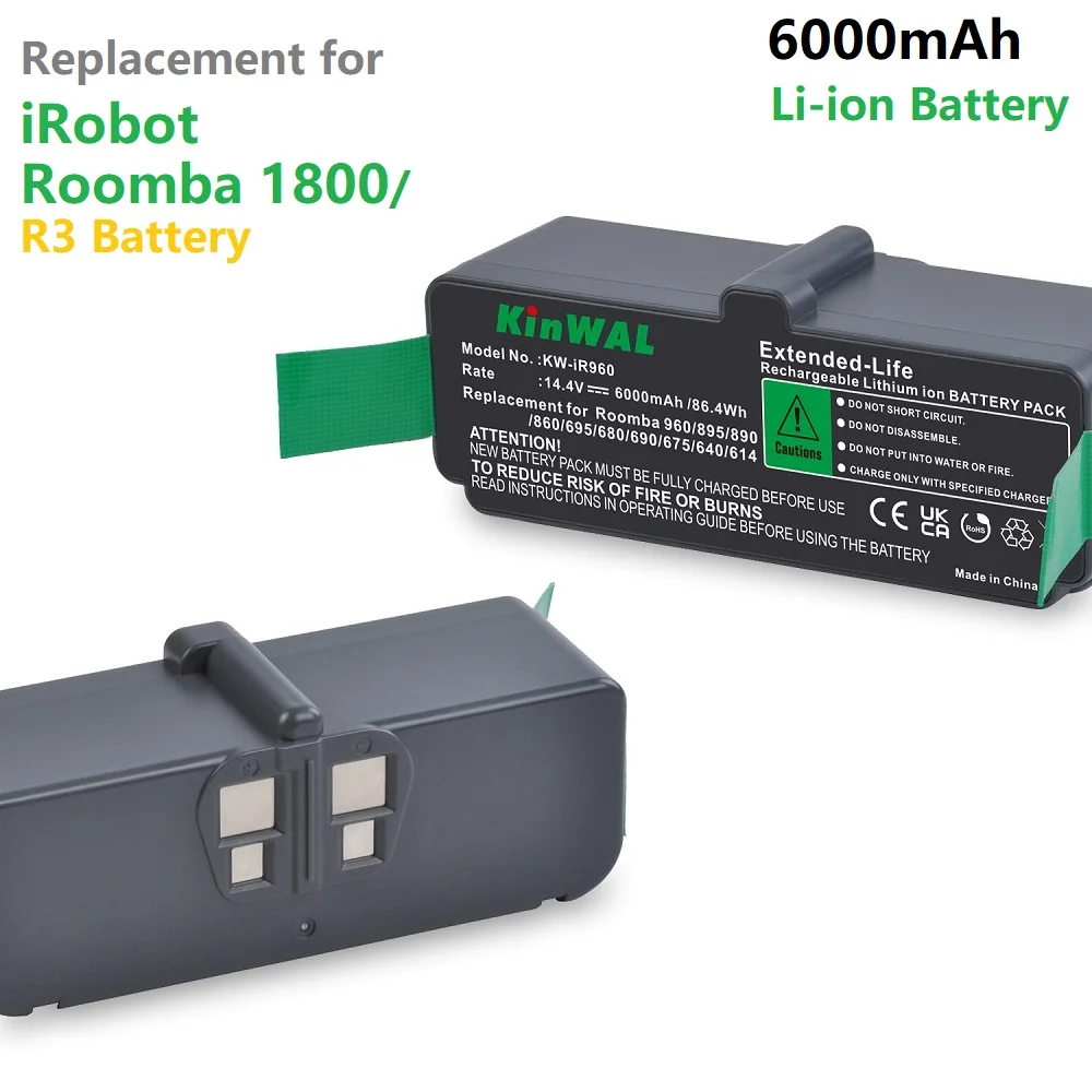 6000mAh Li-ion Battery Replacement for iRobot Roomba 1800/ R3 Battery, Roomba 500 600 700 800 900 Series 560 620 760 870 880 980