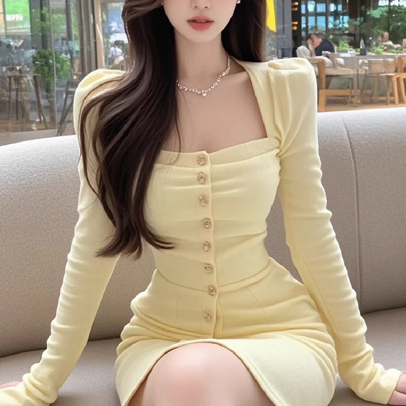우아한 긴소매 스퀘어 칼라 싱글 버튼 드레스 여성 고급 슬리밍 하이웨이스트 A라인 스커트 폴리에스터 섬유 가을 겨울