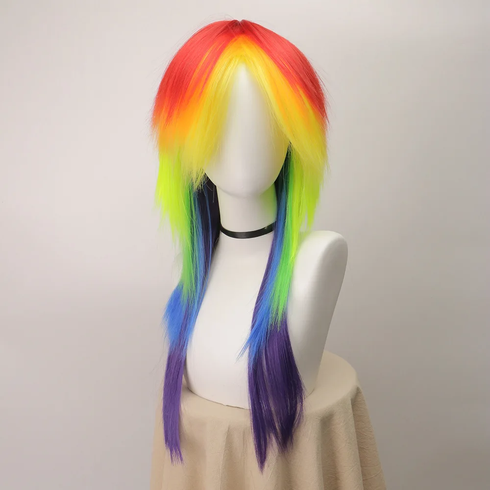 Rainbow Ombre Long Straight Layered Synthetic Wig With Bangs Unisex Pride Halloween Party Cosplay Costume Hairpiece